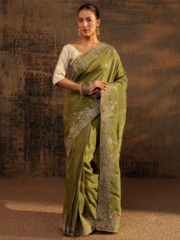 Libas Art - Green Floral Zari Embroidered Saree With Embroidered Border with Unstitched Blouse