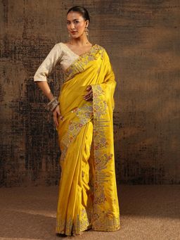 Libas Art - Mustard Floral Zari Embroidered Saree With Embroidered Border with Unstitched Blouse