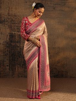 Libas Art - Gold Ethnic Motif Woven Design Saree With Beads Embellished Border with Unstitched Blouse