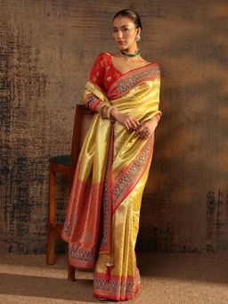 Libas Art - Yellow Ethnic Motif Woven Design Saree With Border with Unstitched Blouse