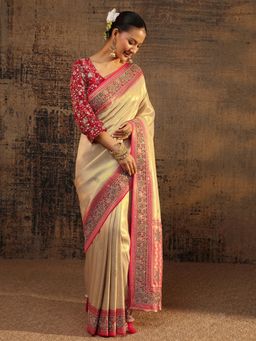 Libas Art - Gold Ethnic Motif Woven Design Saree With Beads Embellished Border with Unstitched Blouse