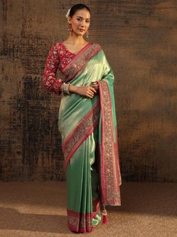 Libas Art - Green Ethnic Motif Woven Design Saree With Beads Embellished Border with Unstitched Blouse