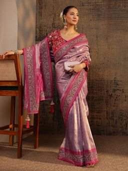 Libas Art - Lavender Ethnic Motif Woven Design Saree With Border with Unstitched Blouse