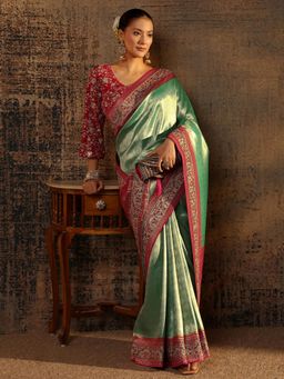 Libas Art - Green Ethnic Motif Woven Design Saree With Beads Embellished Border with Unstitched Blouse