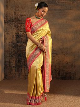 Libas Art - Yellow Ethnic Motif Woven Design Saree With Border with Unstitched Blouse