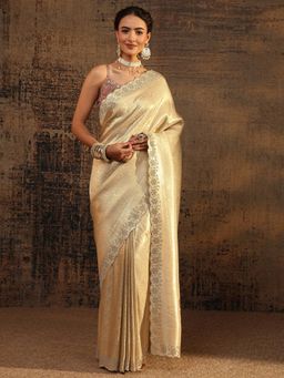 Libas - Gold Floral Beads Embellished And Woven Design Saree with Unstitched Blouse