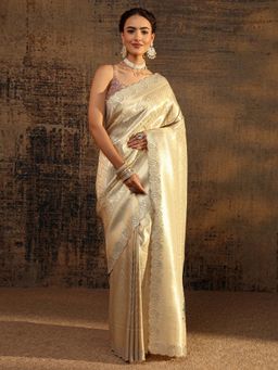Libas - Gold Ethnic Motif Embellished And Woven Design Saree with Unstitched Blouse