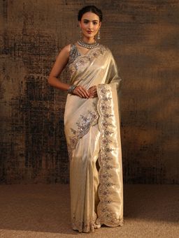 Libas Art - Gold Ethnic Motif Woven Design Saree With Beads Embellished Border with Unstitched Blouse