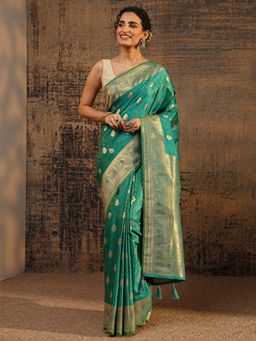 Libas - Green Floral Woven Design Saree With Zari Woven Design Border with Unstitched Blouse