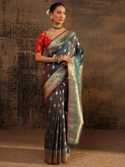 Libas - Teal Floral Woven Design Saree With Zari Woven Design Border with Unstitched Blouse