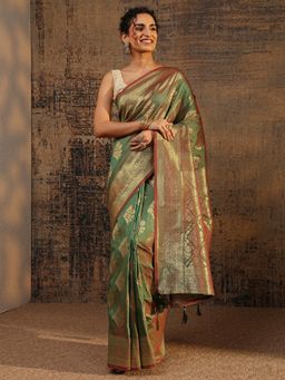 Libas - Green Floral Woven Design Saree With Zari Woven Design Border with Unstitched Blouse