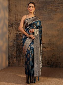 Libas - Navy Blue Floral Woven Design Saree With Zari Woven Design Border with Unstitched Blouse