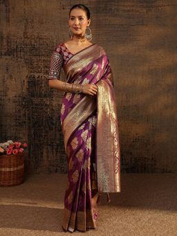 Libas - Purple Floral Woven Design Saree With Zari Woven Design Border with Unstitched Blouse