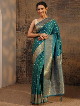 Libas - Green Floral Woven Design Saree With Zari Woven Design Border with Unstitched Blouse