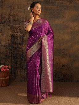 Libas - Purple Floral Woven Design Saree With Zari Woven Design Border with Unstitched Blouse