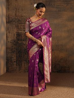 Libas - Purple Floral Woven Design Saree With Zari Woven Design Border with Unstitched Blouse