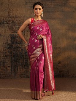Libas - Pink Floral Woven Design Saree With Zari Woven Design Border with Unstitched Blouse