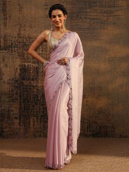Libas - Pink Solid Saree With Beads Embellished Border with Unstitched Blouse