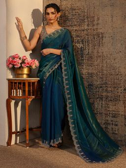 Libas - Green Solid Saree With Beads Embellished Border with Unstitched Blouse