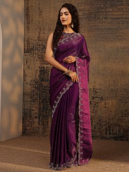 Libas - Burgundy Solid Saree With Beads Embellished Border with Unstitched Blouse
