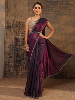 Libas - Purple Solid Saree With Beads Embellished Border With Waistbelt with Unstitched Blouse