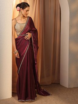 Libas - Burgundy Solid Saree With Beads Embellished Border With Waistbelt with Unstitched Blouse