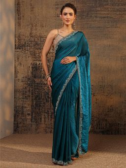Libas - Teal Solid Saree With Beads Embellished Border with Unstitched Blouse