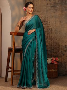 Libas - Green Solid Saree With Beads Embellished Border with Unstitched Blouse