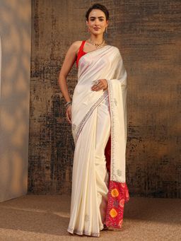 Libas - White Beads Embellished Saree With Embellished Border with Unstitched Blouse