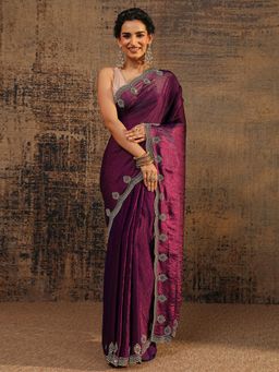 Libas - Burgundy Solid Saree With Beads Embellished Border with Unstitched Blouse