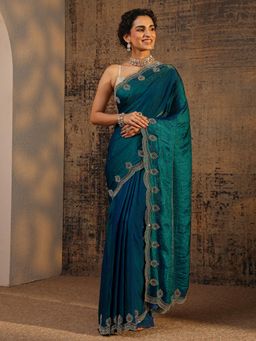 Libas - Teal Solid Saree With Beads Embellished Border with Unstitched Blouse