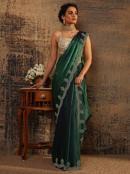 Libas - Green Solid Saree With Beads Embellished Border with Unstitched Blouse