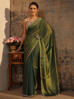 Libas - Green Solid Saree With Beads Embellished Border with Unstitched Blouse