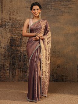 Libas - Brown Solid Saree With Beads Embellished Border with Unstitched Blouse