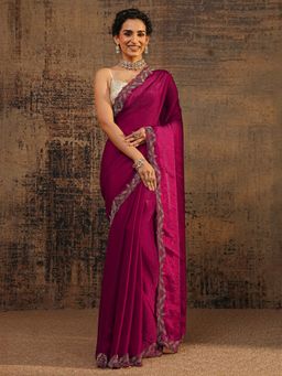 Libas - Pink Solid Saree With Beads Embellished Border with Unstitched Blouse