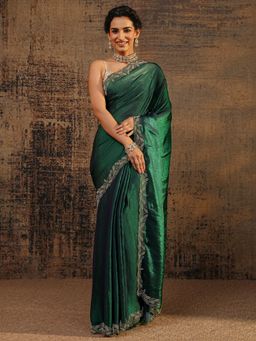 Libas - Green Solid Saree With Beads Embellished Border with Unstitched Blouse