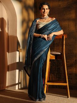 Libas - Blue Solid Saree With Beads Embellished Border with Unstitched Blouse