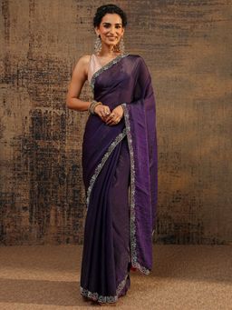Libas - Purple Solid Saree With Beads Embellished Border with Unstitched Blouse