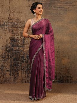 Libas - Burgundy Solid Saree With Beads Embellished Border with Unstitched Blouse