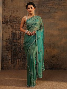 Libas - Green Floral Beads Embellished Saree With Embellished Border with Unstitched Blouse