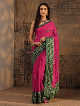 Libas - Pink Bandhani Patchwork Saree With Bandhani Printed Border with Unstitched Blouse