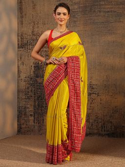 Libas - Mustard Bandhani Patchwork Saree With Bandhani Printed Border with Unstitched Blouse