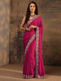 Libas - Pink Beads Embellished Saree With Zari Embroidered Border with Unstitched Blouse
