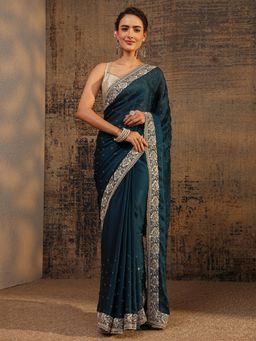 Libas - Navy Blue Beads Embellished Saree With Zari Embroidered Border with Unstitched Blouse