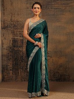 Libas - Green Beads Embellished Saree With Zari Embroidered Border with Unstitched Blouse