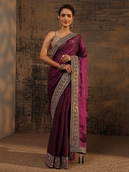 Libas - Burgundy Solid Saree With Zari Embellished Border with Unstitched Blouse