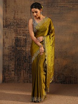 Libas - Olive Solid Saree With Beads Embellished Border with Unstitched Blouse