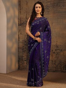 Libas - Purple Floral Beads Embellished Saree With Embellished Border with Unstitched Blouse