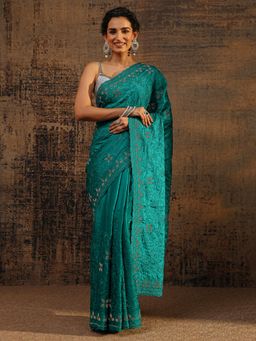 Libas - Green Floral Beads Embellished Saree With Embellished Border with Unstitched Blouse