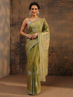 Libas - Green Floral Beads Embellished Saree With Embellished Border with Unstitched Blouse